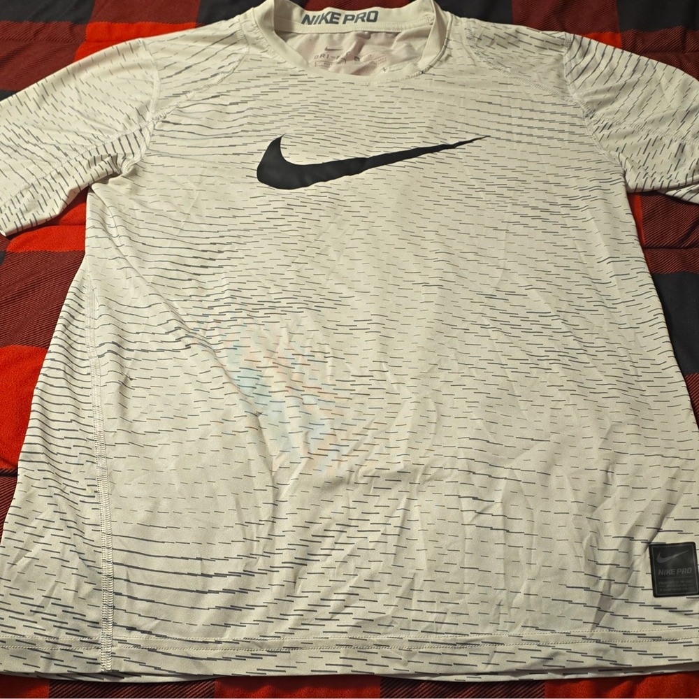 Nike Pro Dri-FIT Boy's Fitted Crew Neck Striped Tee White/Gray S Logo